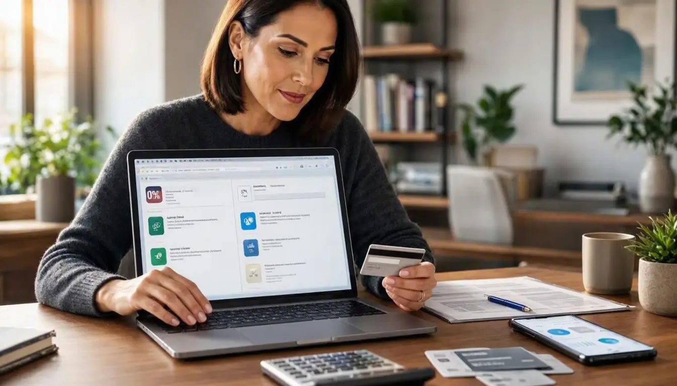American consumer comparing 0% APR credit card offers on a laptop, modern desk with generic credit cards, calculator, smartphone showing a clean financial dashboard and paperwork, sophisticated contemporary American home office