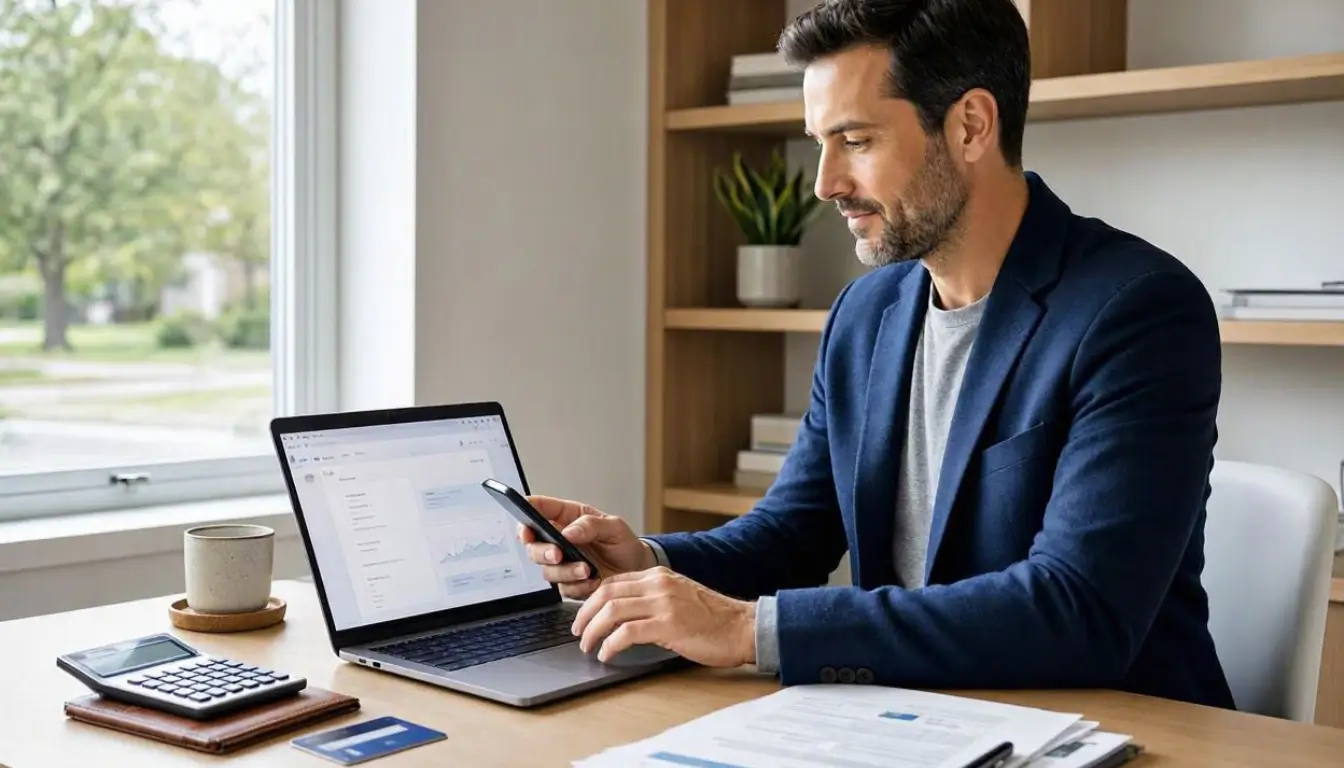 Professional editorial finance photography of an American consumer managing everyday banking from a laptop and smartphone at a bright modern home office