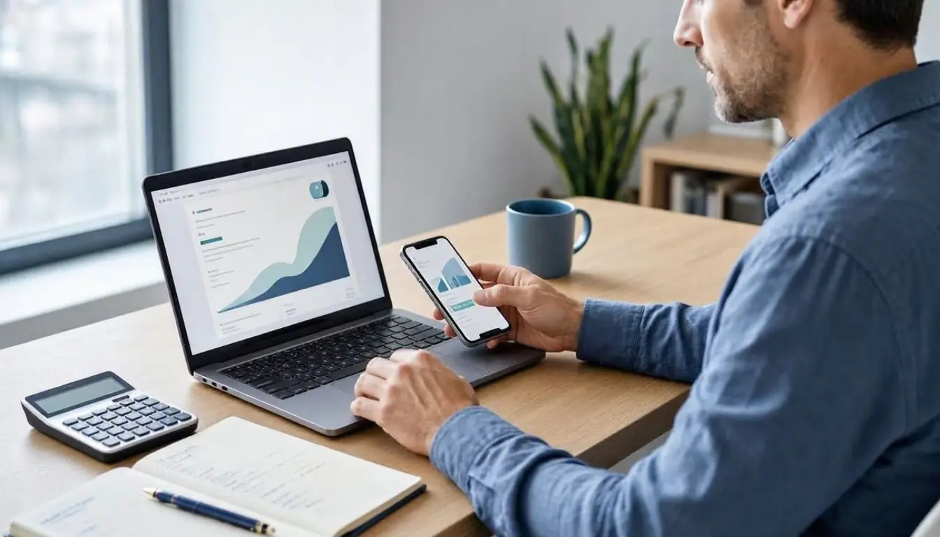 Professional editorial finance photography of an American consumer building an emergency fund using a laptop and smartphone at a bright modern home office