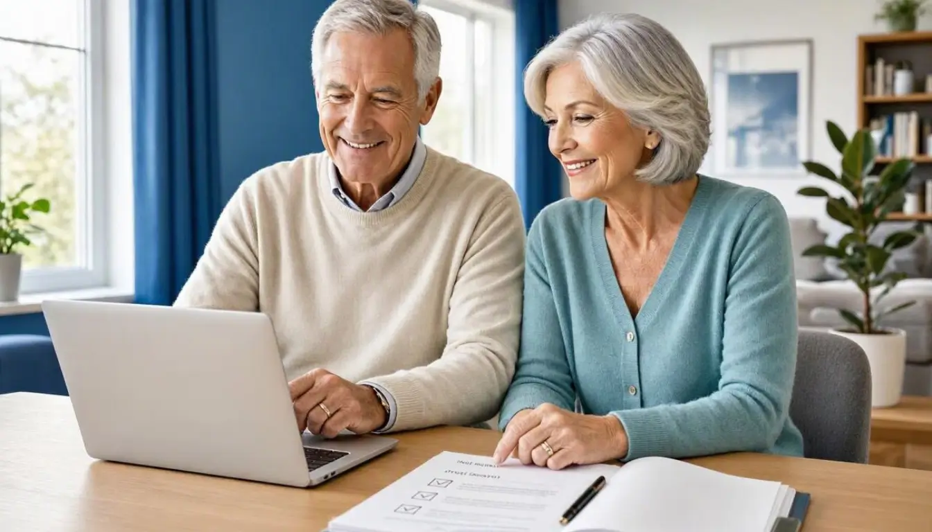 Professional editorial healthcare finance photography showing an American senior couple in their late 60s reviewing Medicare Advantage plan documents on a laptop at a bright