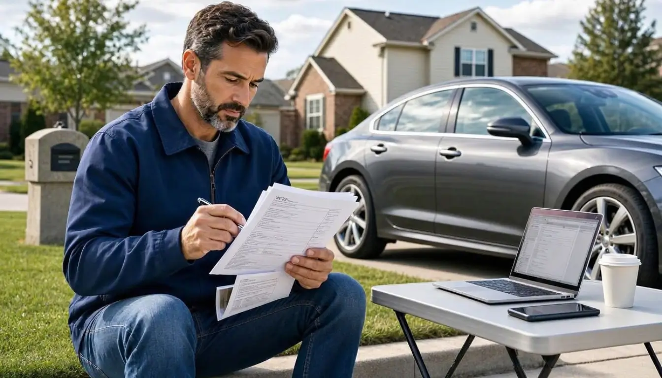 Professional editorial finance photography showing an American driver reviewing SR-22 auto insurance documents beside a modern car in a suburban driveway, realistic insurance paperwork